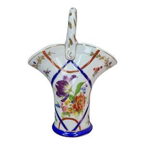 ELIOS Vintage Hand Painted Porcelain Basket Elios H F White Floral Gold